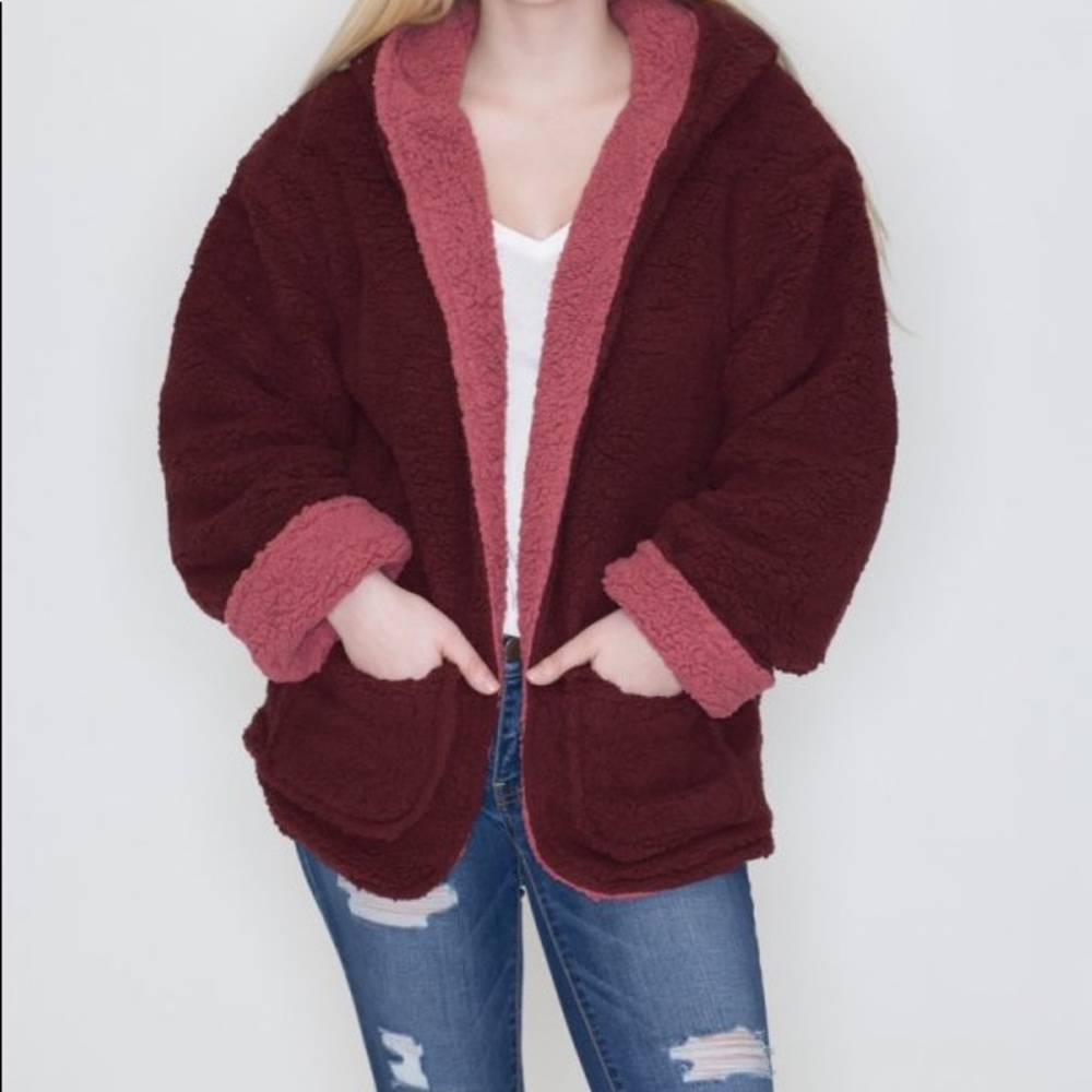 reversible sherpa hoodie jacket fluffy and cozy
